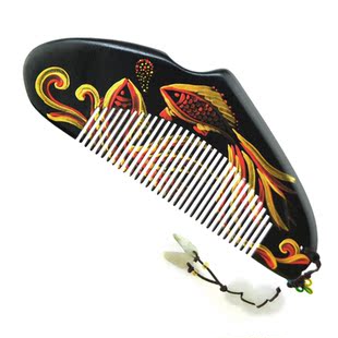  Gudi双鱼戏珠 彩绘创意复古水黄杨木梳子礼盒中国特色礼品刻字diy