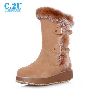  c2u正品真皮雪地靴子冬季坡跟女靴兔毛厚底靴防水棉鞋中筒靴