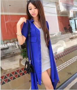 女装时尚长款百搭短袖防晒衣不规则雪纺长外套