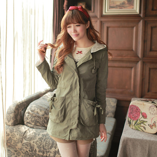  秋冬新款女式外套 品质女装韩版中长款蕾丝边修身女士风衣