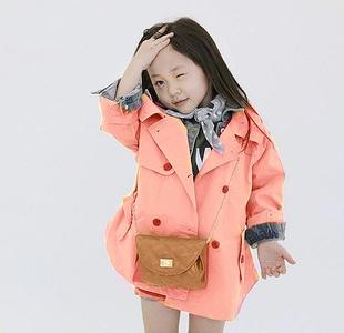  韩版女童装春秋装中长款外套上衣儿童风衣全棉双排扣时尚腰带