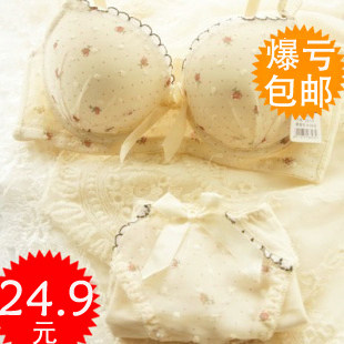 Explosive Japanese cotton lace small chest gathered chiffon floral bra set cute girl underwear set