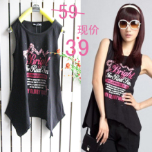 日本原单烫钻休闲黑色纯棉不规则下摆长款女背心无袖t上衣beixin