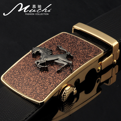 慕驰 新款 马年纪念版男士进口牛皮真皮自动扣黑色腰带 正品皮带