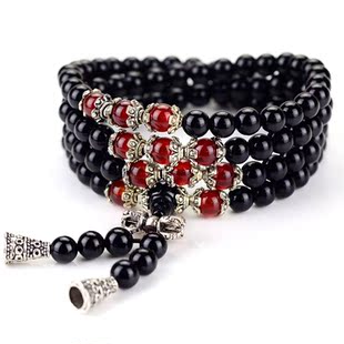  恒泰风水 开光黑玛瑙配红玛瑙藏银108粒念珠男女手链大方辟邪护身