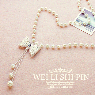  [4078]日韩国饰品批发 珍珠蝴蝶结毛衣链 项链 长款 女