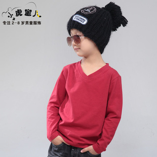  Q春装新款小虎宝儿童装韩版纯色V领莱卡面料男童宝宝长袖T恤