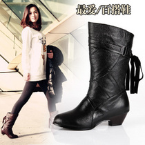 韩版时尚新款气质淑女个性后系带头层小牛皮中跟长靴美靴女靴子女