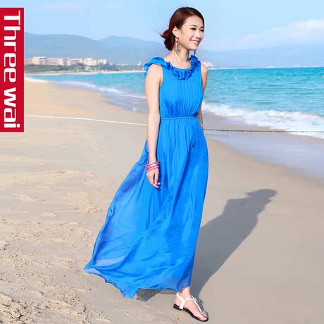 三纬 2018春夏新款欧美圆领荷叶边裙子 纯色高腰连衣裙真丝长裙商品大图