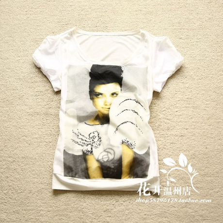 风迪专柜正品夏装短袖水钻美女图案圆领简约百
