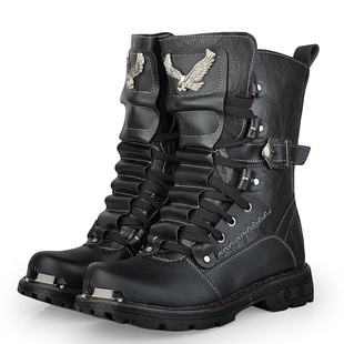  男式中筒黑色户外靴子休闲雪地靴子工装靴子秋冬加棉男靴