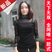 SY9224蕾丝上衣 长袖高领 加厚透明 民族风修身网纱打底衫纱衣
