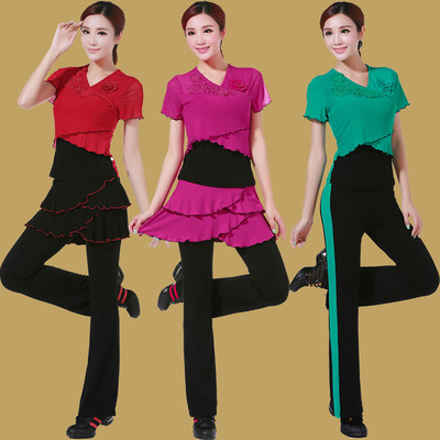 天朴广场舞<em>服装</em>新款<em>套装女士</em>短袖V领上衣跳舞