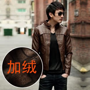  秋冬款时尚休闲男式加绒皮衣 外套男装 韩版男士修身机车皮夹克男