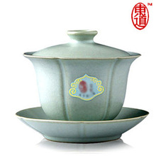 正品恒福东道汝窑盖碗葵口三才茶碗开片功夫茶具陶瓷天青大号盖杯