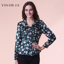 专柜正品 YINER音儿2011秋新真丝绿色格纹女衬衫89330050