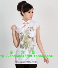 新款蕾丝中式女士改良唐装夏装短袖旗袍上衣白色凤凰0921