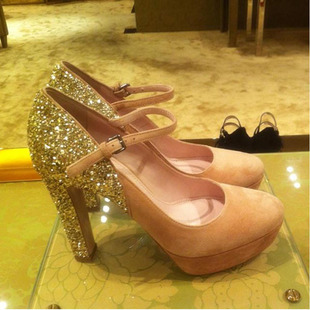  秋冬新款MIUMIU 高跟鞋张柏芝同款亮片搭扣真皮羊皮单鞋婚鞋