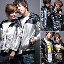 2011秋装新款 韩版情侣外套 风衣 情侣装 带帽拼色风衣外套 女