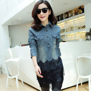2014春季新款韩版修身翻领蕾丝拼接衬衫式女