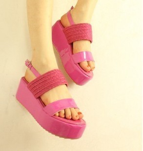  清仓特价春夏新款凉鞋漆皮糖果色厚底松糕麻编中跟韩版女鞋