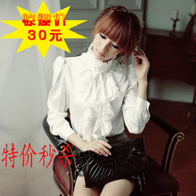 2012春装 新款女装女衬衫 <span class=H>宫廷</span>气质复古立领系带荷叶边长袖女衬衣