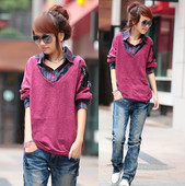 Amoy gold new 2012 Spring and Autumn Korean stitching fake piece of the bat sleeve plaid shirt woman long sleeve England