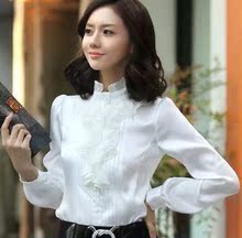 梅依恋 2012新款秋韩版职业装立领衬衣荷叶边 修身淑女长袖衬衫