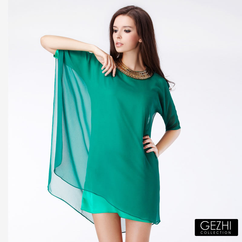 格致 GEZHI 华丽女神范儿纯色不对称真丝连衣裙 BG12J1J049
