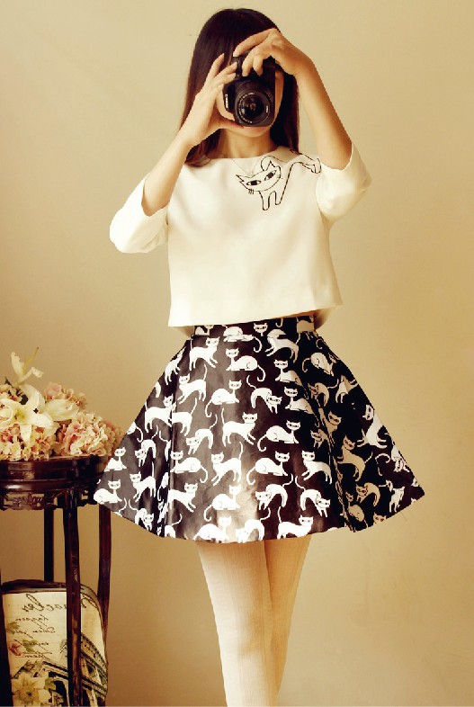 【裙子】夏装新款韩版猫咪套装vintage两件套上衣+短裙气质复古修身连衣裙