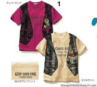  新品！日系夏款儿童马甲假两件套短袖T恤/宝宝超酷上衣/造型T恤