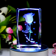 创意刻字水晶3d内雕玫瑰花，发光旋转音乐盒，生日礼物七夕情人节礼物