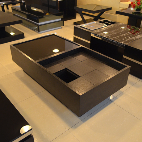 九宫格茶几 黑色钢化玻璃茶几 长方形小茶几 收