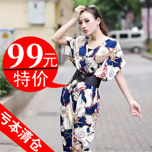  春装新品女装欧美印花连体裤大码宽松显瘦连体裤碎花休闲长裤