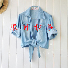vivi夏季新款女装中袖牛仔坎肩薄款小外套披肩系带水洗牛仔短外套