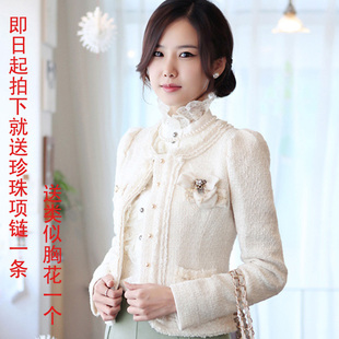  秋冬新品质女装韩版长袖开衫外套修身小香风粗花呢棉衣短外套大码