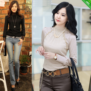  秋冬新品新款蕾丝打底衫长袖修身高领雪纺打底衫品质韩版女装
