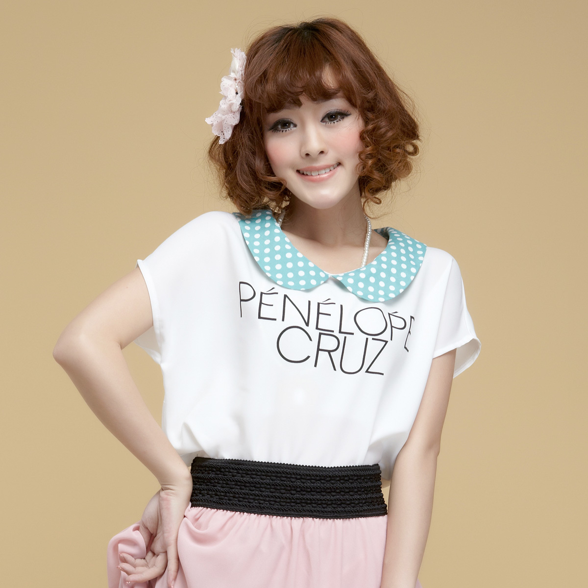 大码娃娃领短袖雪纺...