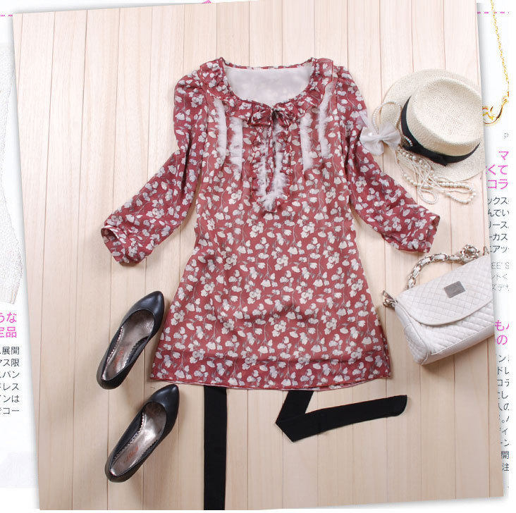 [<span class=H>ON</span><span class=H>LY</span> STYLE]2012春装新女装九分袖兔毛装饰碎花雪纺连衣裙