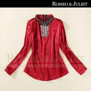 【罗家精品】2014欧美春夏女装新订珠弹力真丝缎红色长袖衬衫衬衣