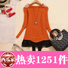 骊筱063-9750 韩版2012新款夏装女装蕾丝圆领宽松中长款打底毛衣