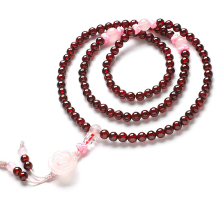  福佑居 旺姻缘 天然水晶石榴石108颗佛珠多圈女手链 粉晶玫瑰
