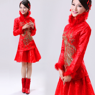 红色新娘结婚婚礼改良时尚冬季复古短款夹棉长袖旗袍小礼服敬酒服