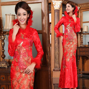  新娘婚纱礼服旗袍长款改良时尚长袖夹棉加厚保暖冬款冬装结婚旗袍