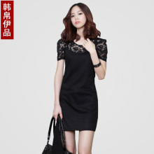 飞搜宝贝强力推荐#独畅团#夏装 女 蕾丝百搭淑女短袖<span class=H>连衣裙</span> 韩版长款女装修身大码