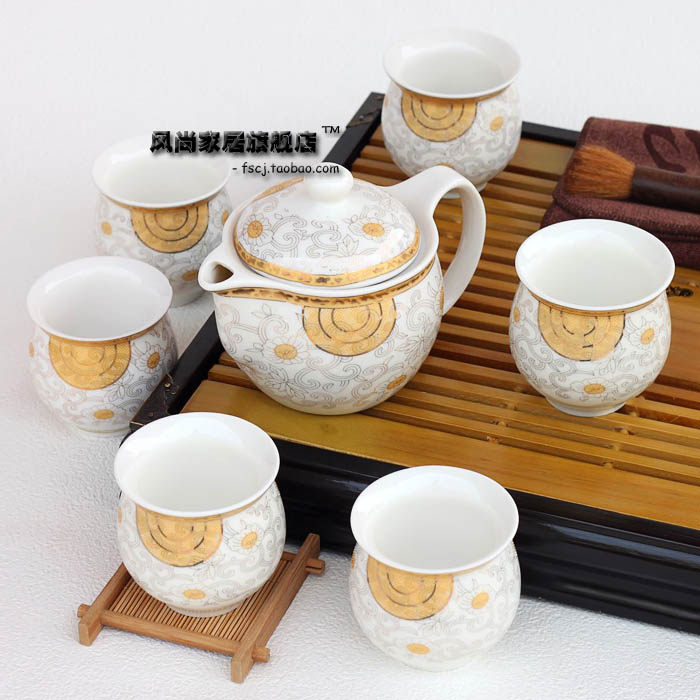 新品：景德镇<span class=H>瓷器</span>茶具套装 手工贴金双层隔热7头茶具套装