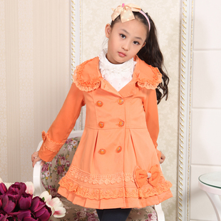  童装秋季女大童风衣外套新中长款韩版儿童风衣公主蕾丝外套