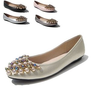  新款串珠链条真皮鞋垫尖头平底鞋女士婚鞋平跟单鞋大小码