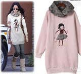 清仓2010秋冬装新品韩版女装抓绒长款拼色加厚卫衣女款外套 清仓