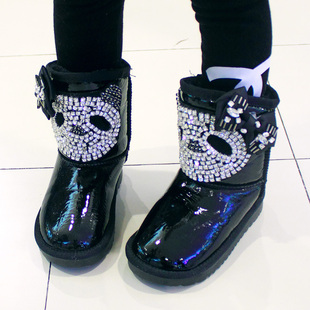  森林大王漆皮水钻熊猫儿童雪地靴童鞋 女童靴子冬款童靴韩版